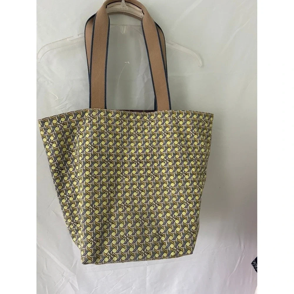 Tory Burch Ella Basketweave Tote Bag Yellow Blue Plaid Lining Canvas Leather Log